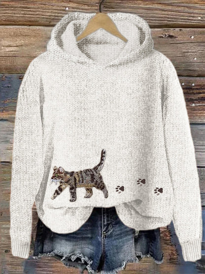 Comstylish Cat & Paw Prints Embroidered Cozy Knit Hooded Sweater