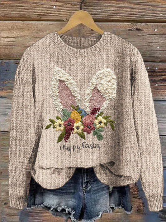 Happy Easter Bunny Floral Pattern Cozy Knit Sweater artswardrobe