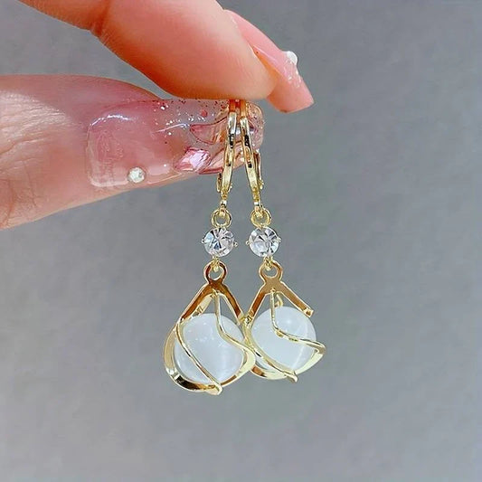 White Opal Dangling Golden Earrings