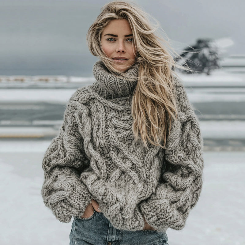 Women's Vintage Island Knit Aran Cozy High Neck Sweater artswardrobe