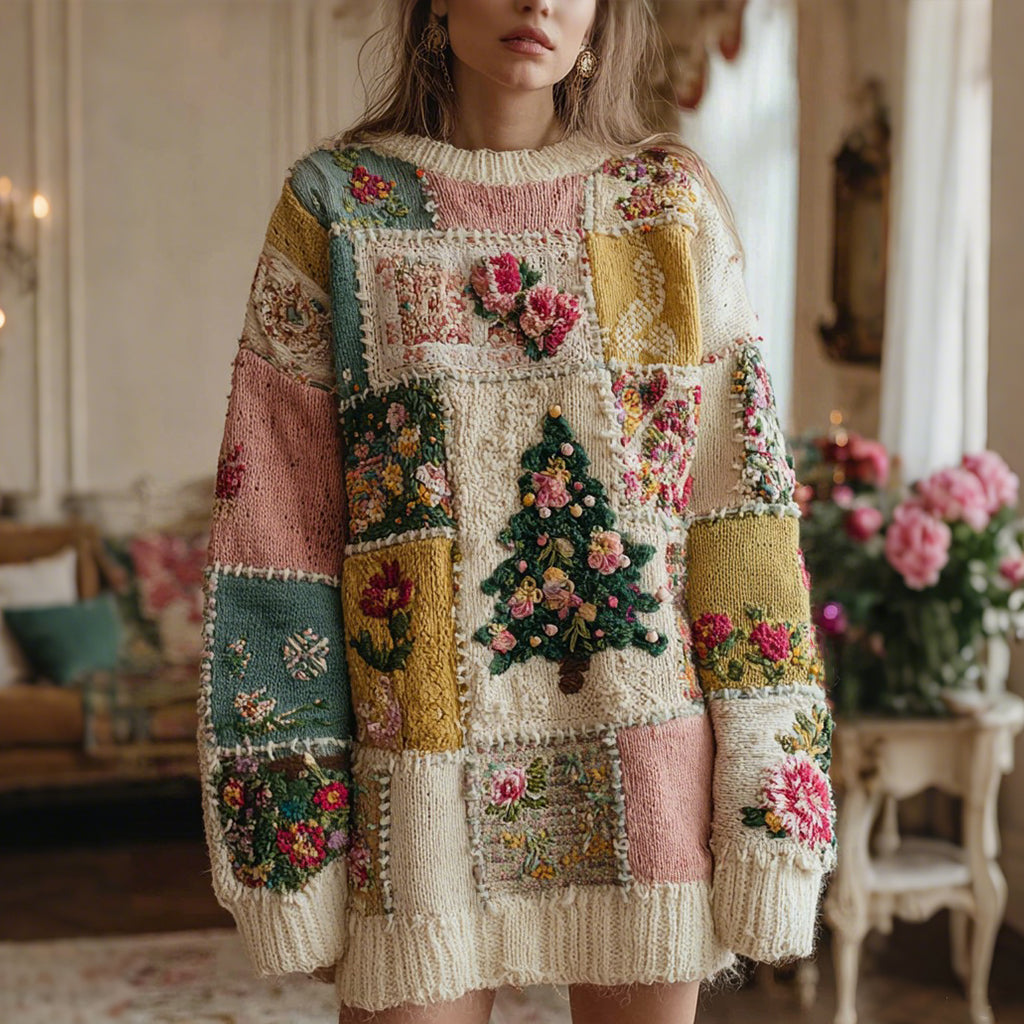 Women's Christmas Tree And Rose Pattern Knitted Crew Neck Sweater Dress artswardrobe