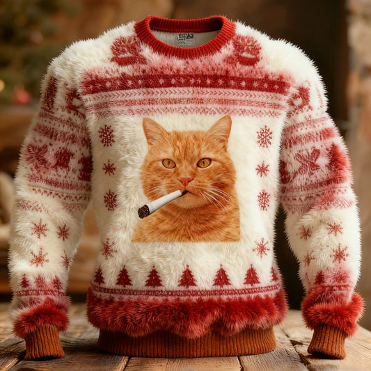 Comstylish Cute And Quirky Cat Pattern Warm Crew Neck Sweater