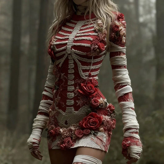 Women's Vintage Red Rose Skeleton Art Cozy Knit Mini Sweater Dress artswardrobe