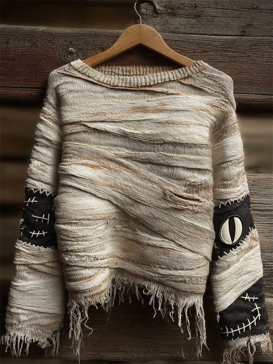 Halloween Spooky Peeking Mummy Bandages Cozy Knit Sweater artswardrobe