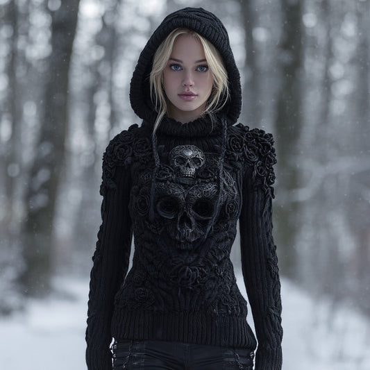 Women's Vintage Celtic Knot Skull And Roses Knitted Hooded Sweater artswardrobe