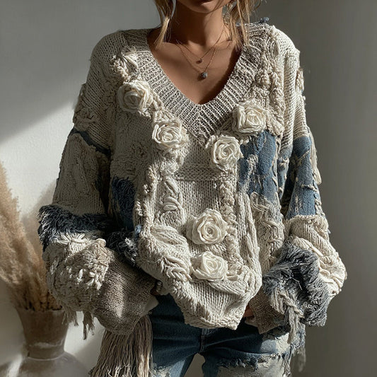 Women's Vintage White Rose Chunky Knit V-neck Sweater