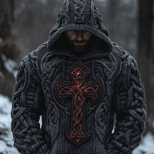 Men's Vintage Cross Celtic Jacquard Chunky Hooded Sweater artswardrobe