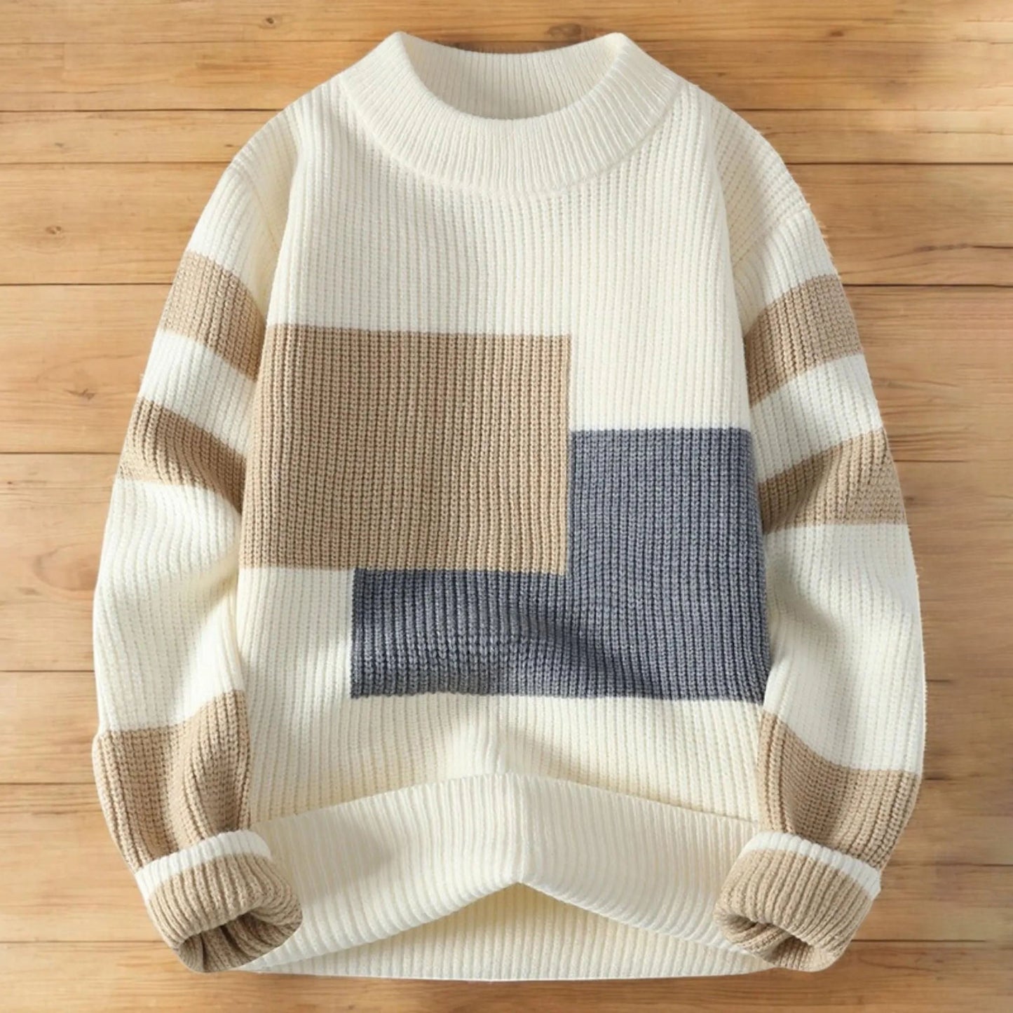 Vegan Men Mock Minimalist Knit Pullover Sustainable Patchwork Warmth Knitted Jacquard Unisex Sweater artswardrobe