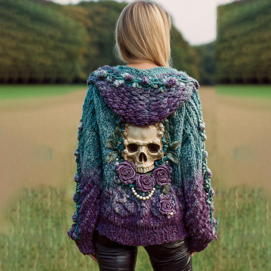 Women's Artistic Skeleton Rose Vintage Gradient Color Worn-out Hooded Sweater artswardrobe
