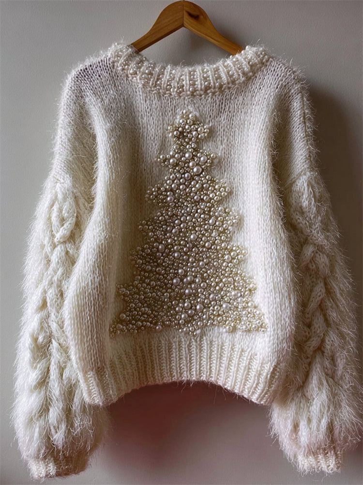 Wool Sweater with Pearl Christmas Tree Design