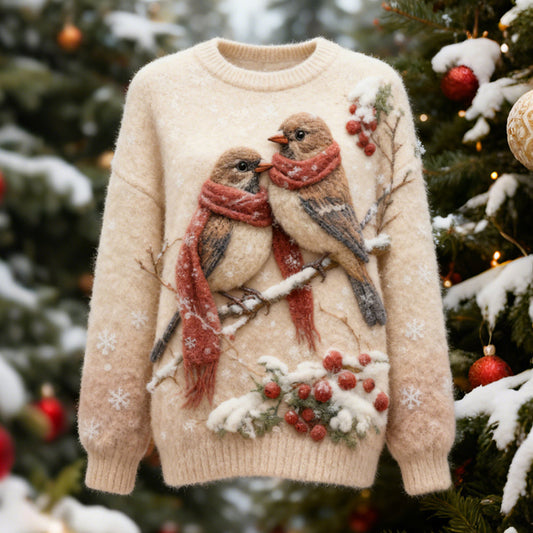 Christmas Scarf Birds Women's Soft Knit Sweater