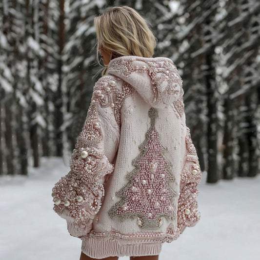 Women's Pearl Christmas Tree Knit Jacquard Cozy Hooded Sweater artswardrobe