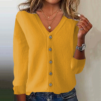 Women's Pink V Neck Button Down Cozy Sweater artswardrobe