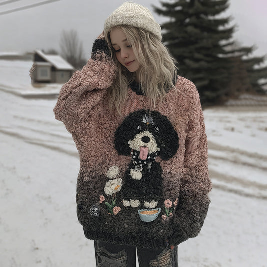 Comstylish Cute Fuzzy Puppy Flower Gradient Art Cozy Hooded Sweater