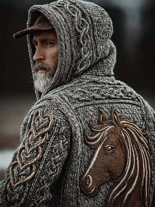 Men's Vintage Horse Crochet Celtic Cozy Knit Hooded Sweater artswardrobe
