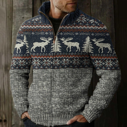 Men's Retro Tribal Reindeer Merry Christmas Deer Pattern Zipper Sweater artswardrobe