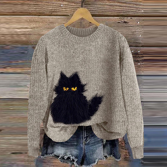 Comstylish Cute Black Cat Embroidery Art Cozy Sweater