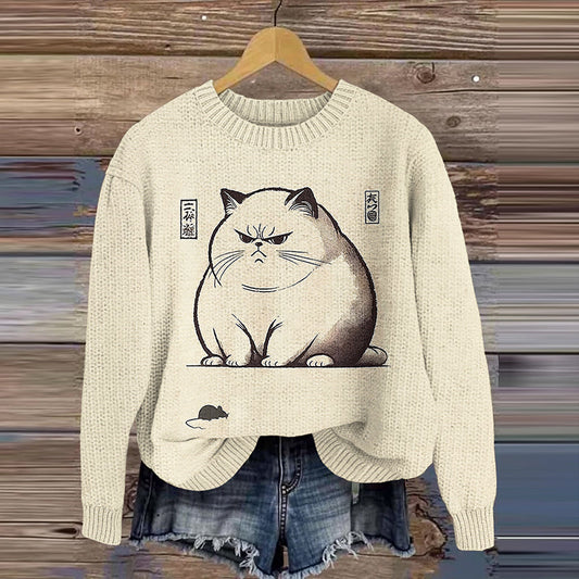Comstylish Vintage Cat And Mouse Japanese Art Print Art Cozy Knit Sweater
