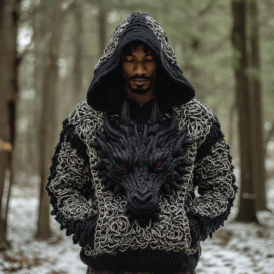 Men's Viking-style Chain-linked Dragon Embroidery Dark Ancient Hooded Sweater artswardrobe