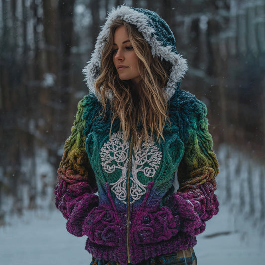 Women's Viking Retro Style Tree Of Life Pattern Knit Hooded Sweater Jacket artswardrobe