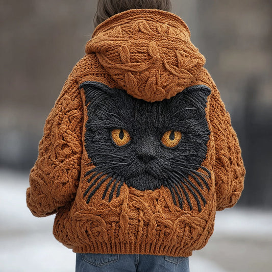Comstylish Women's Vintage Black Cat Embroidered Zip-up Sweater