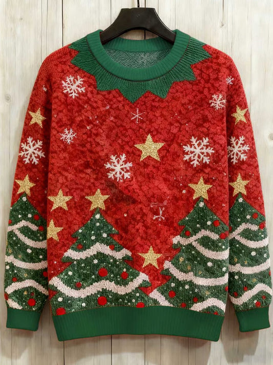Comstylish Christmas Tree Snowflake Print Crew Neck Sweater