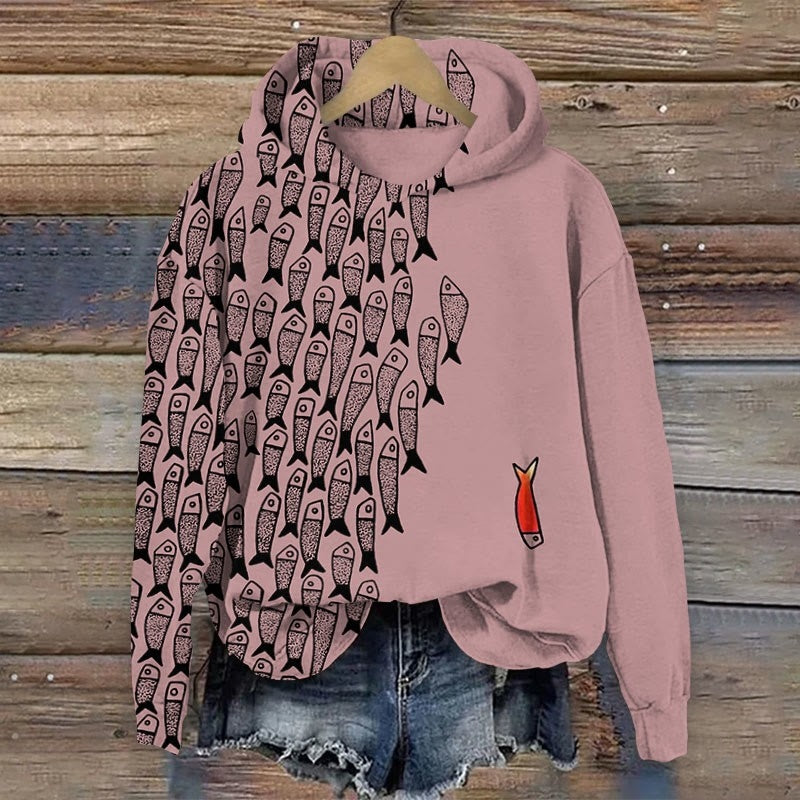 Comstylish Abstract Geometric Fish Art Print Casual Long Sleeve Hoodie