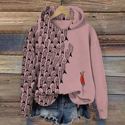 Comstylish Abstract Geometric Fish Art Print Casual Long Sleeve Hoodie