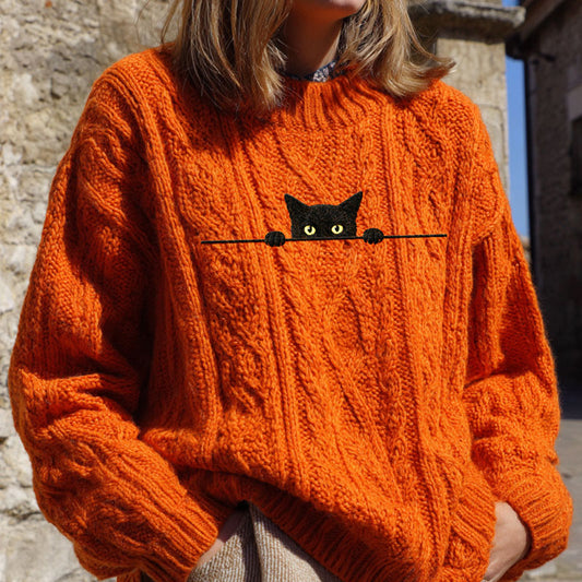 Women's Casual Funny Black Cat Print Sweater artswardrobe