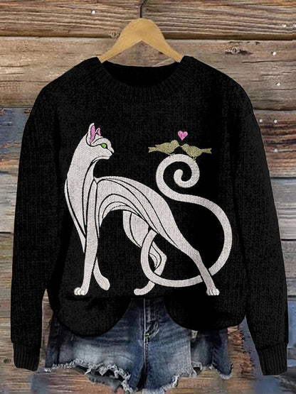 Cat & Birds Embroidery Crew Neck Cozy Sweater elevenforest