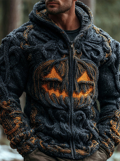Halloween Pumpkin Emoji Men's Chunky Knit Full Zip Hooded Sweater elevenforest