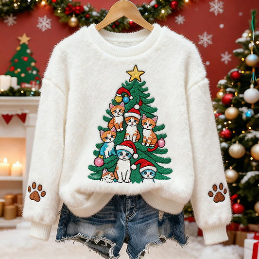 Comstylish Cute Cat And Christmas Tree Pattern Warm Crew Neck Sweater