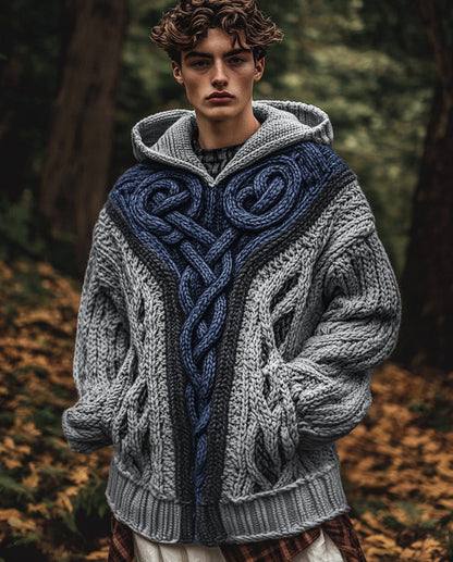 Men's Vintage Irish Celtic Knot Jacquard Mottled Hooded Sweater artswardrobe