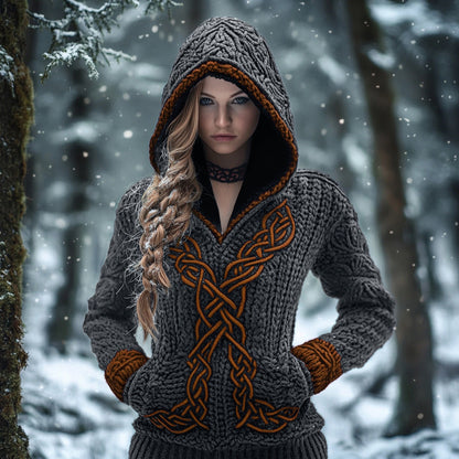 Women's Viking Celtic Knot Jacquard Knit Hooded Sweater artswardrobe