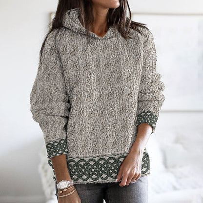 Women'S Celtic Knotted Creative Patchwork Hooded Aran Sweater elevenforest