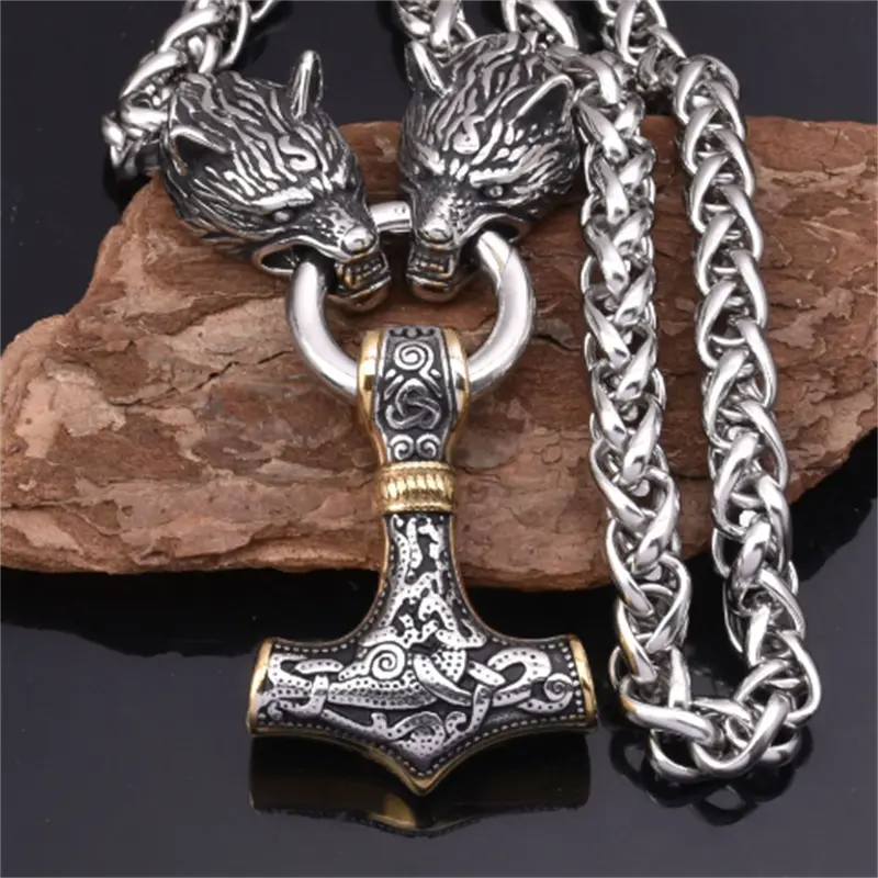 Nordic Zinc Alloy Viking Wolf Head and Hammer Pendant Necklace