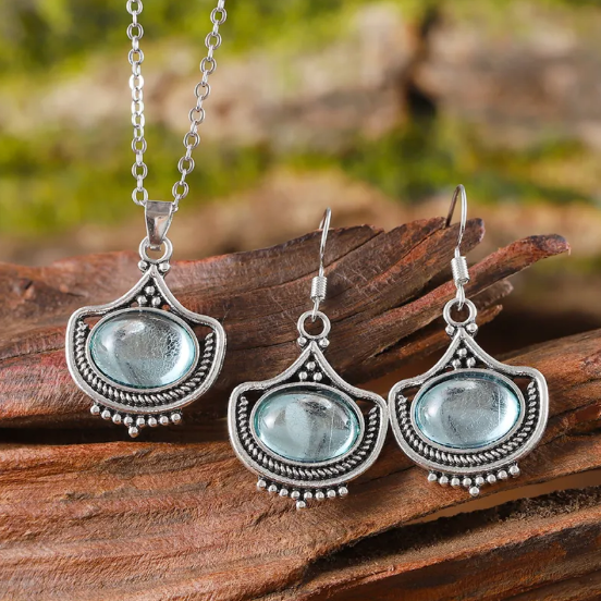 Blue Oval Gemstone Necklace & Earrings Set