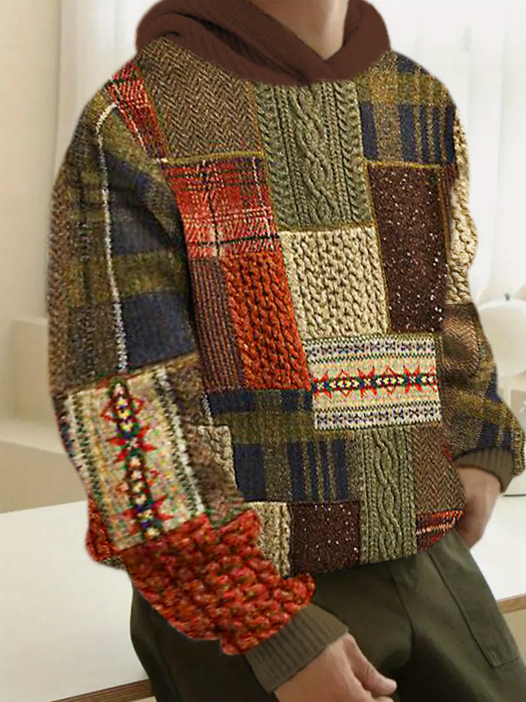 Vintage Knit Fabric Patchwork Men's Hooded Sweater elevenforest