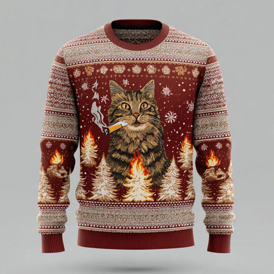 Comstylish Men's Fun Christmas Cat Comfortable Crew Neck Sweater