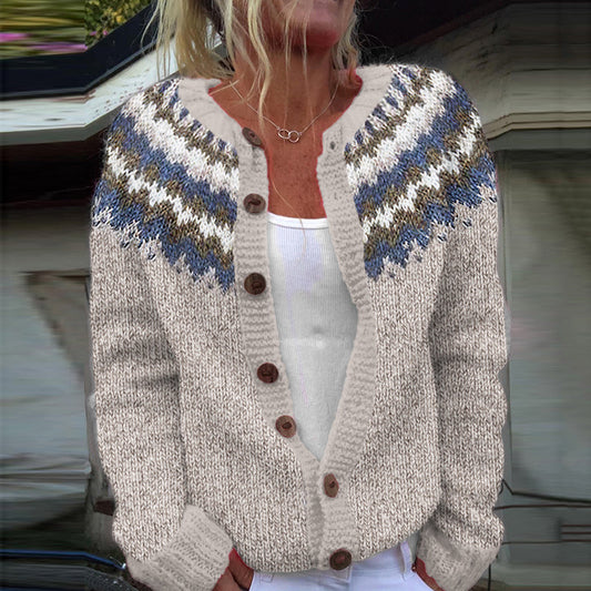 Retro Geometric Lines Knitted Button Down Cozy Sweater elevenforest