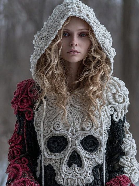 Women Halloween Big Skull Rose Vintage Hooded Sweater artswardrobe