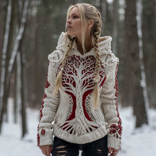 Women's Vintage Viking Tree Of Life Knit Jacquard Hooded Sweater artswardrobe