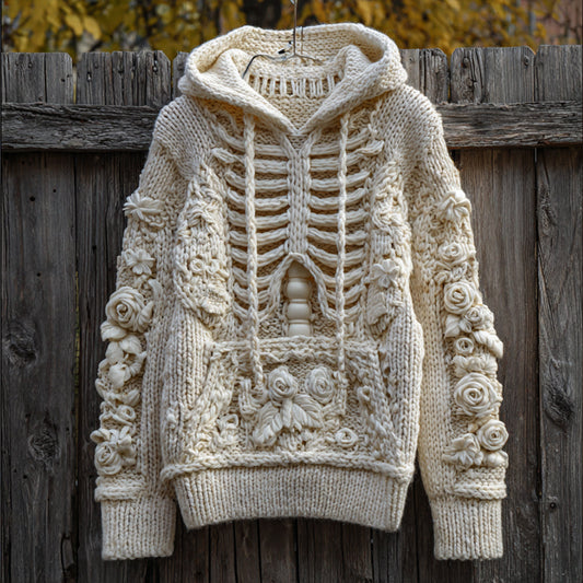 Comstylish Halloween Anatomy Art White Flower Hooded Sweater