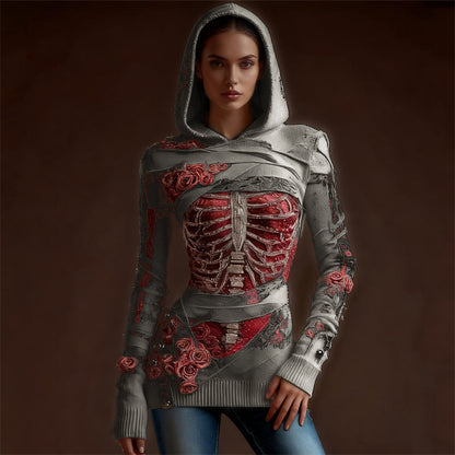 Comstylish Classy Skeleton Anatomy Bloody Roses Bandages Hooded Sweater