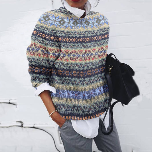 Vintage Geometric Ethnic Pattern Print Crew Neck Sweater elevenforest