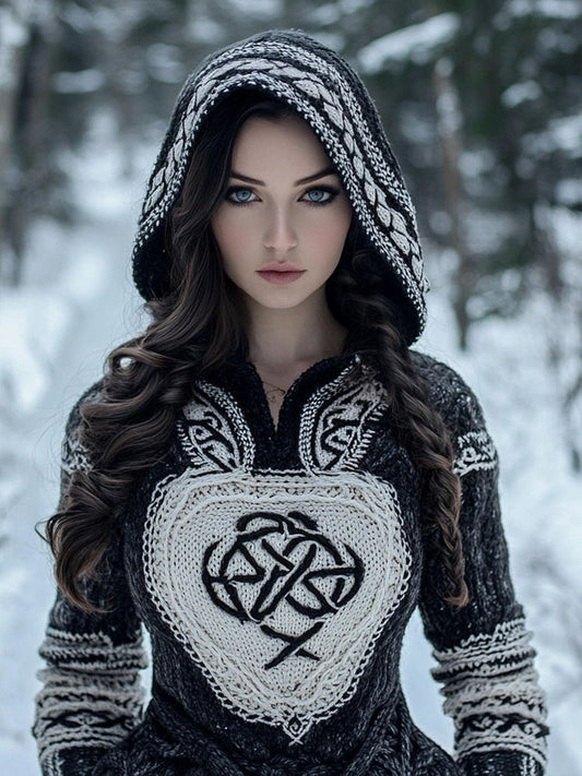 Women's Tribal Style Jacquard Cozy Knit Hooded Sweater artswardrobe