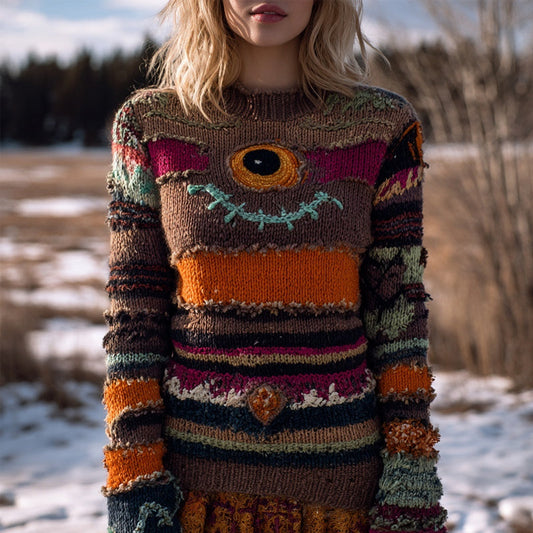 Vintage Spooky Eyeball Striped Patchwork Cozy Knit Sweater elevenforest