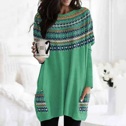 Vintage Icelandic Tribal Graphic Knit Warm Crew Neck Midi Sweater Dress elevenforest