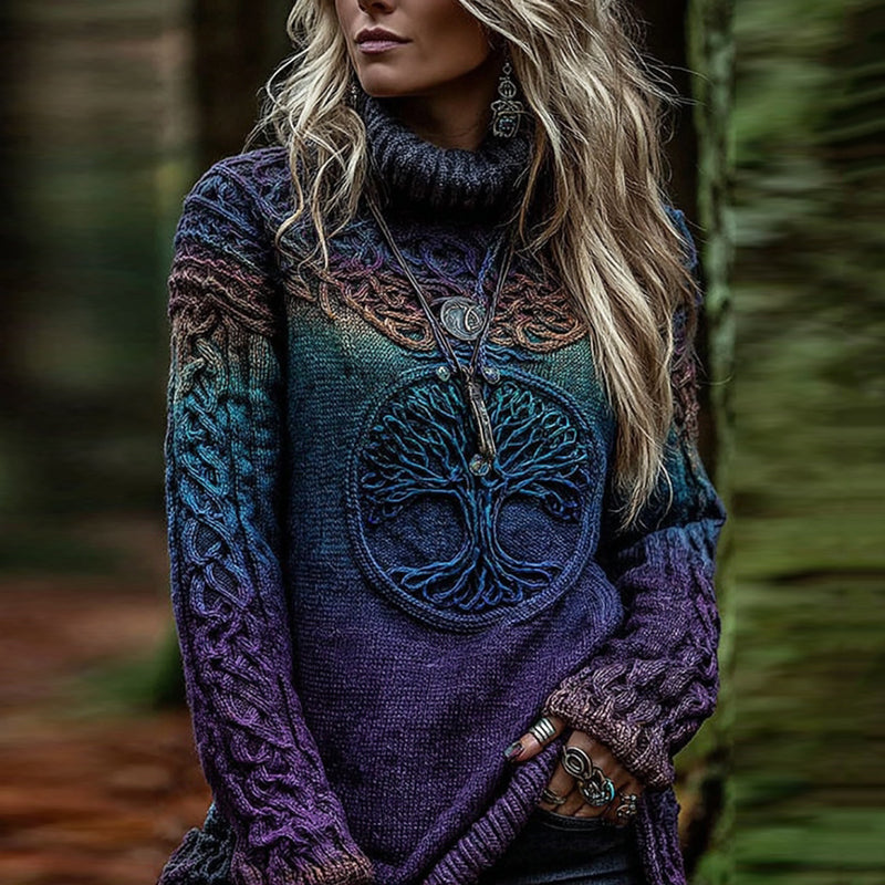 Women's Viking Tree Of Life With Celtic Knot Art Gradien Turtleneck Cozy Knit Sweater elevenforest
