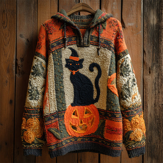 Comstylish Halloween Black Cat With Hat & Pumpkin Women's Knit Hooded Sweater